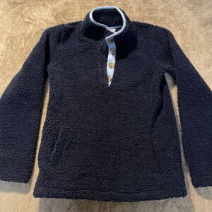 Boden Pullover Womens Size 2 Fleece Navy Blue Button Up Sweater Kanga Pocket Ted